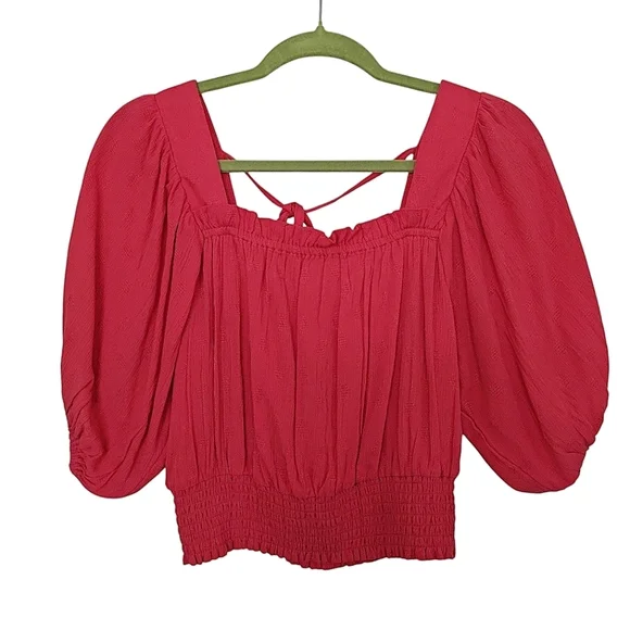 Band Of Gypsies Smocked Hot Coral Square Neck Puffy Sleeve Top Size Small - Picture 3 of 11